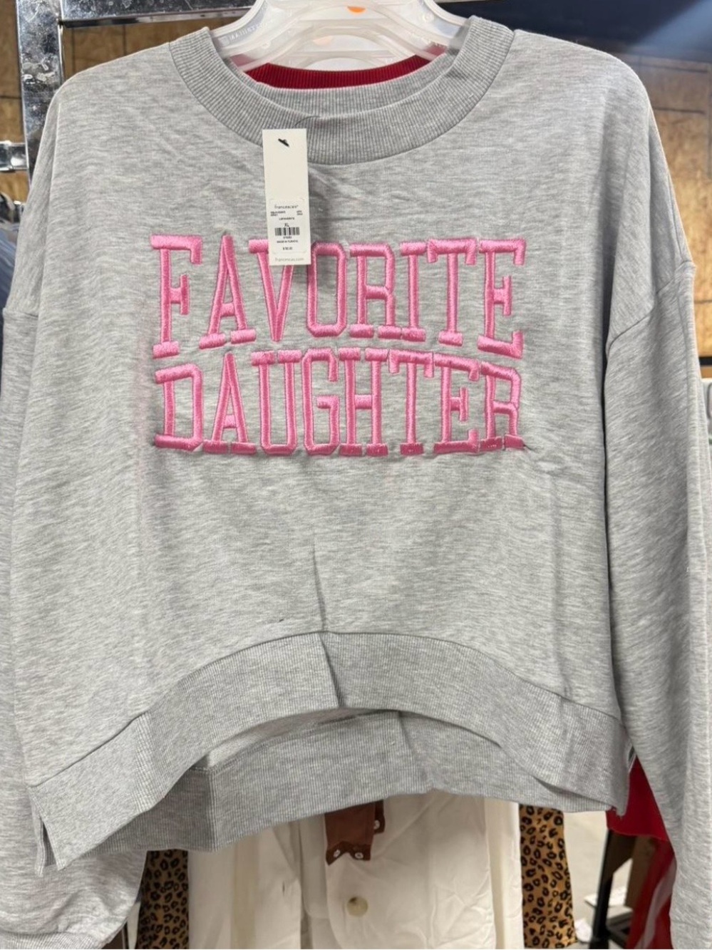 Francesca's Collections Grey Sweatshirt with Pink "Favorite Daughter" Embroidery